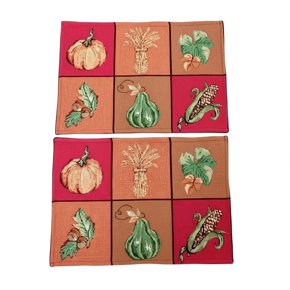 Fall Harvest Placemats Set 2 Thanksgiving Pumpkin Corn Woven Tapestry